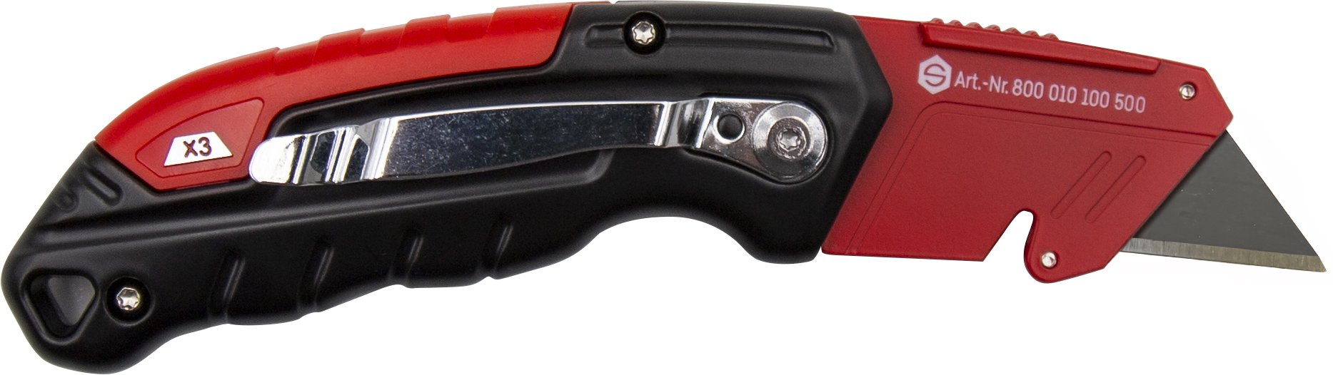 Sprügel Trapezklingenmesser rot schwarz klappbar aufgeklappt Rückseite