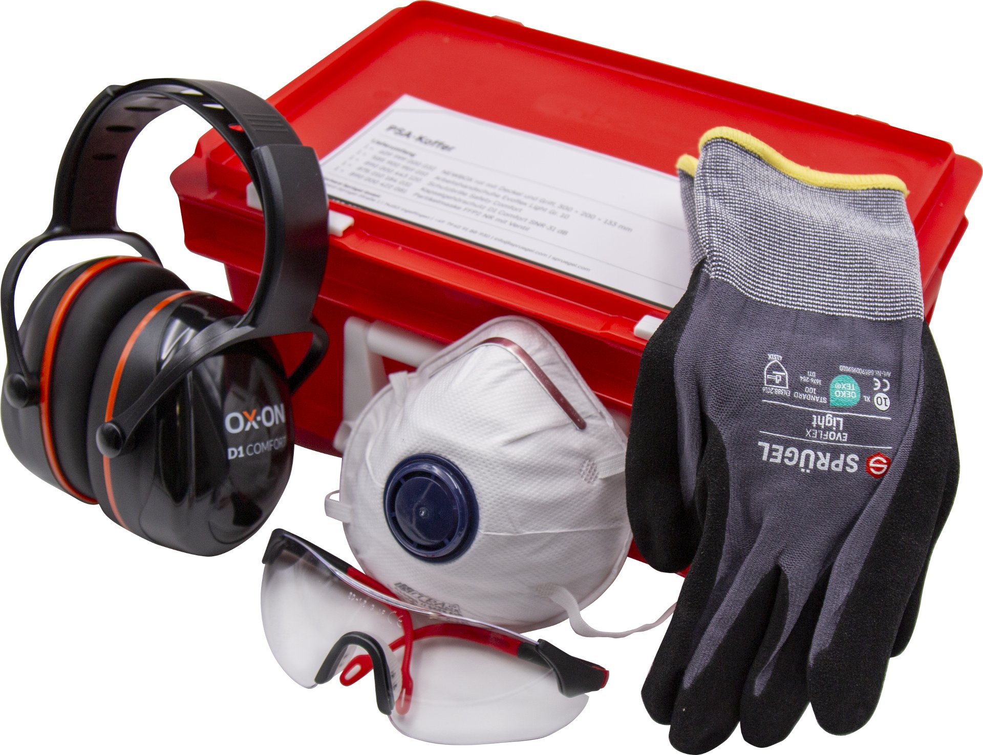 Rot-weißer PSA-Start-Koffer mit dem gesamten Inhalt für die Erstausstattung an persönlicher Schutzausrüstung (PSA). Sichtbar sind: Gehörschutz D1 Comfort, Schutzbrille, FFP2-Maske und Evoflex Arbeitshandschuhe