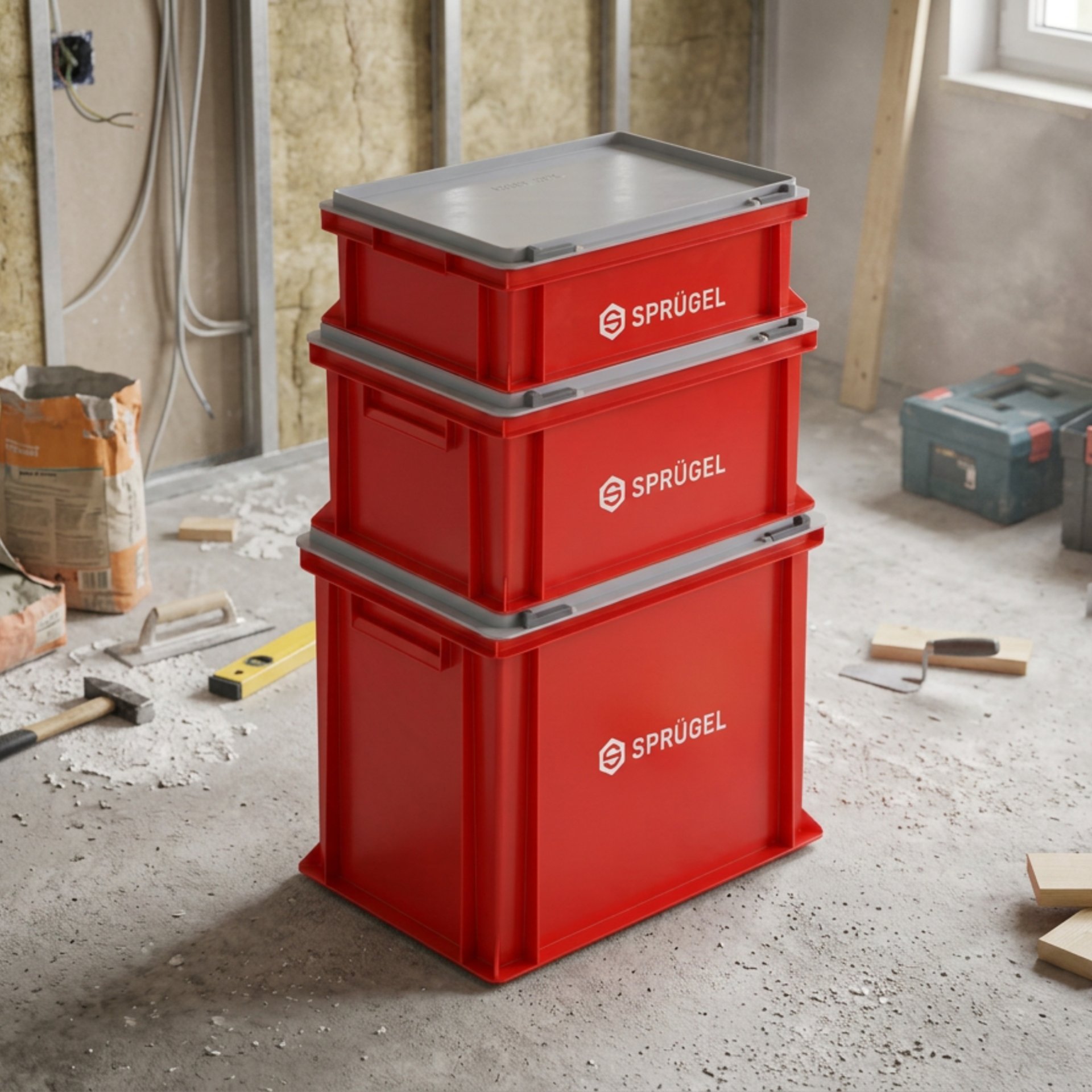 Newbox gestapelt auf Baustelle