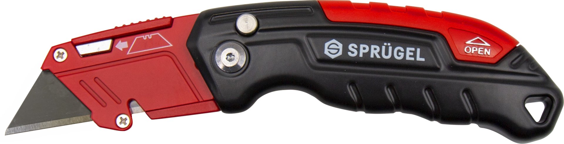 Sprügel Trapezklingenmesser rot schwarz klappbar aufgeklappt Vorderseite