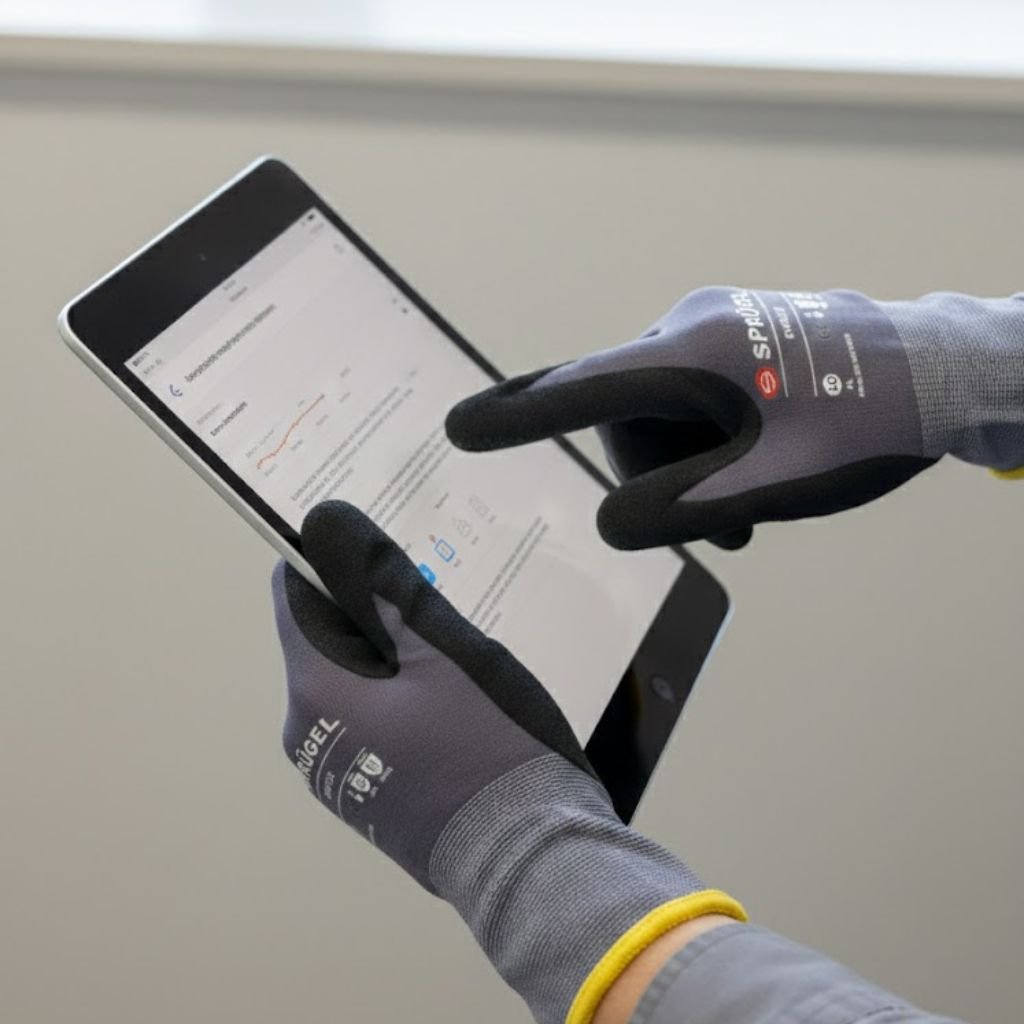 Touchscreen-fähige Evoflex Arbeitshandschuhe von Sprügel bei der Bedienung eines Tablets