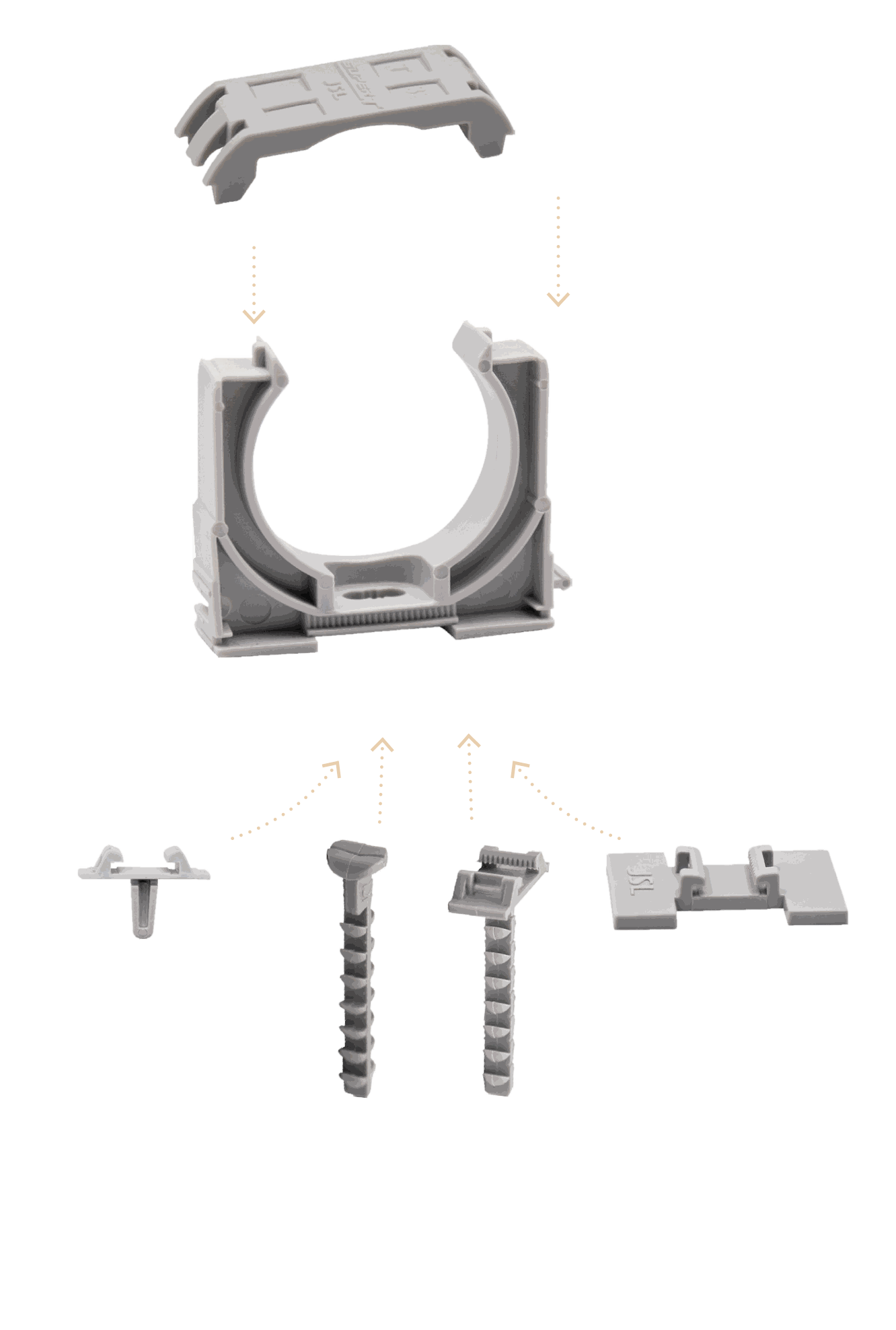 Explosionsdarstellung der Click-Fix Rohrschelle: Sicherungsbügel, Klemmschelle, Adapterclip für Kabeltrassen, Steckdübel, Adapterclip Dübel und Klebeplatte.