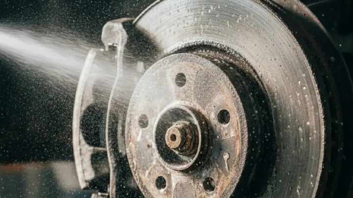 Bremsenreiniger wird auf Bremse aufgetragen