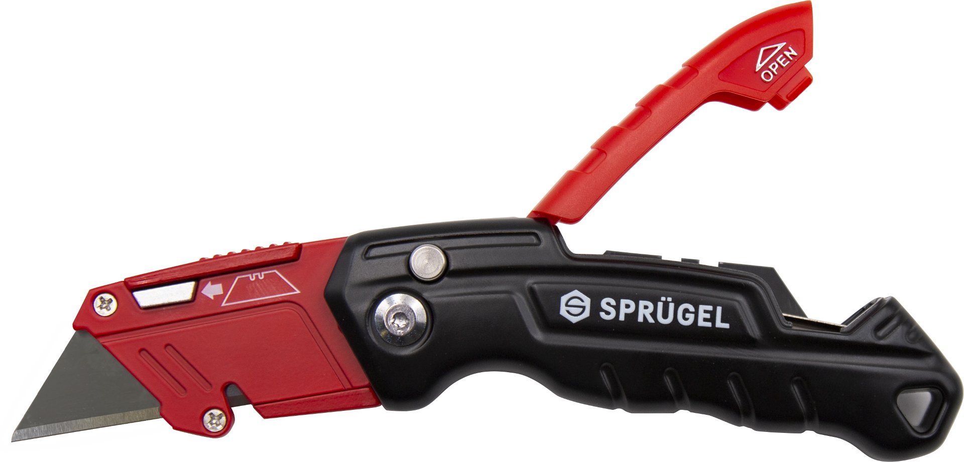 Sprügel Trapezklingenmesser rot schwarz klappbar gelöster Mechanismus