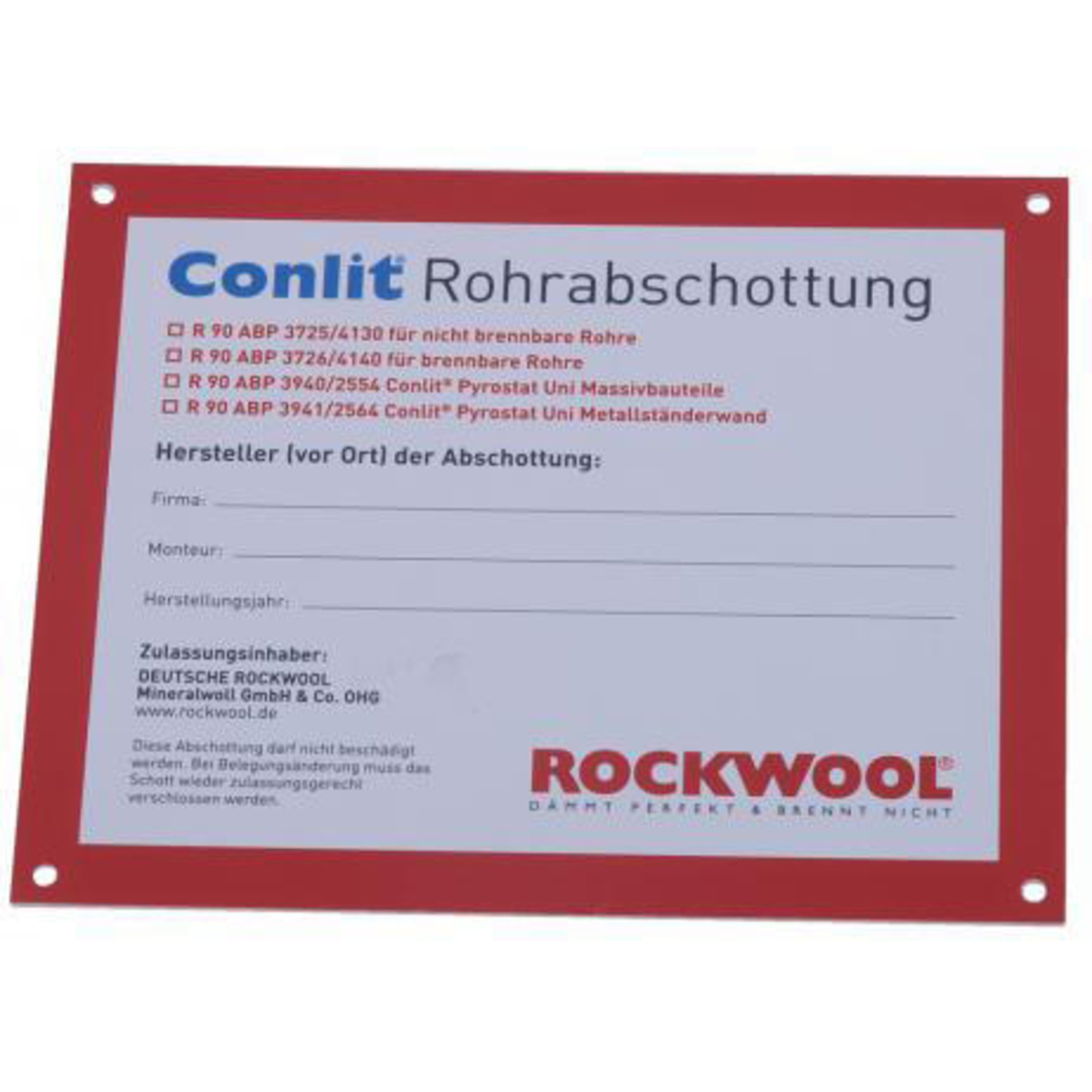 Conlit Kennzeichnungsschild R90-Rohrabschottung (abP)